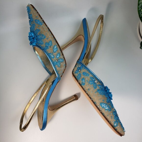 Rene Caovilla Tan w Turquoise Stones Heel Sling sz 8.5 / 39 - Picture 5 of 15